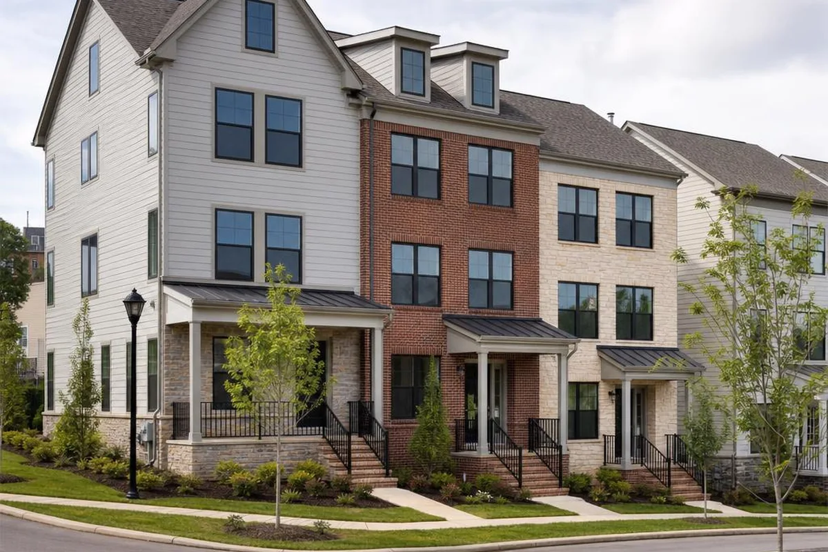 Illustrative new Pennsylvania townhomes with completed paths and fresh landscaping
