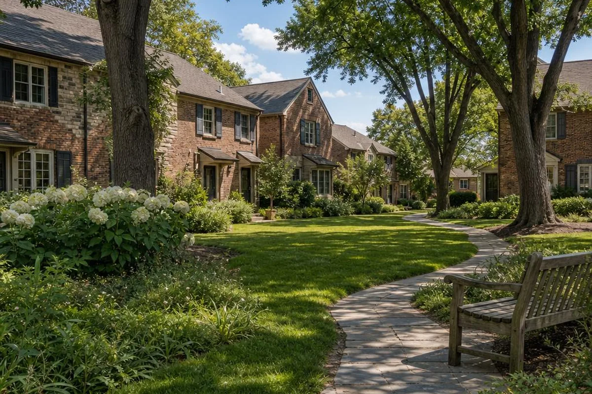 Illustrative Pennsylvania townhome courtyard with mature trees and shared gardens