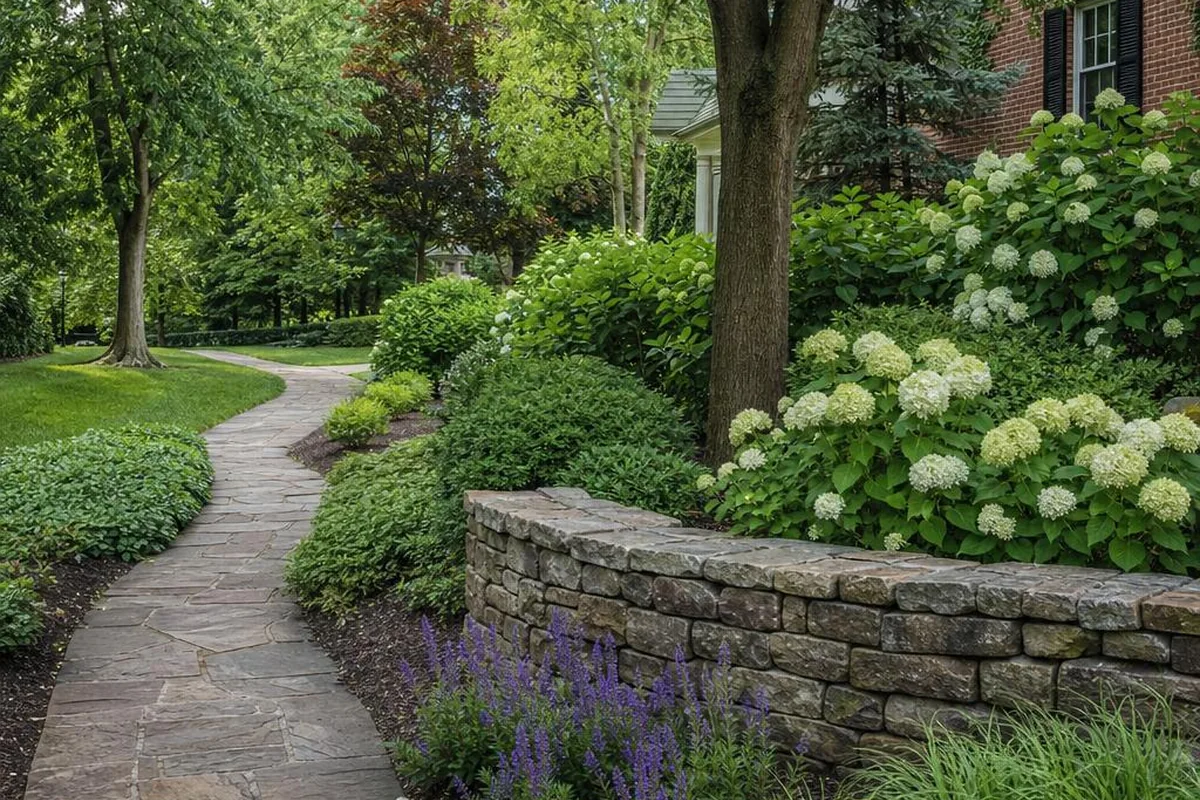 Illustrative professionally maintained community garden, stonework, and walking path
