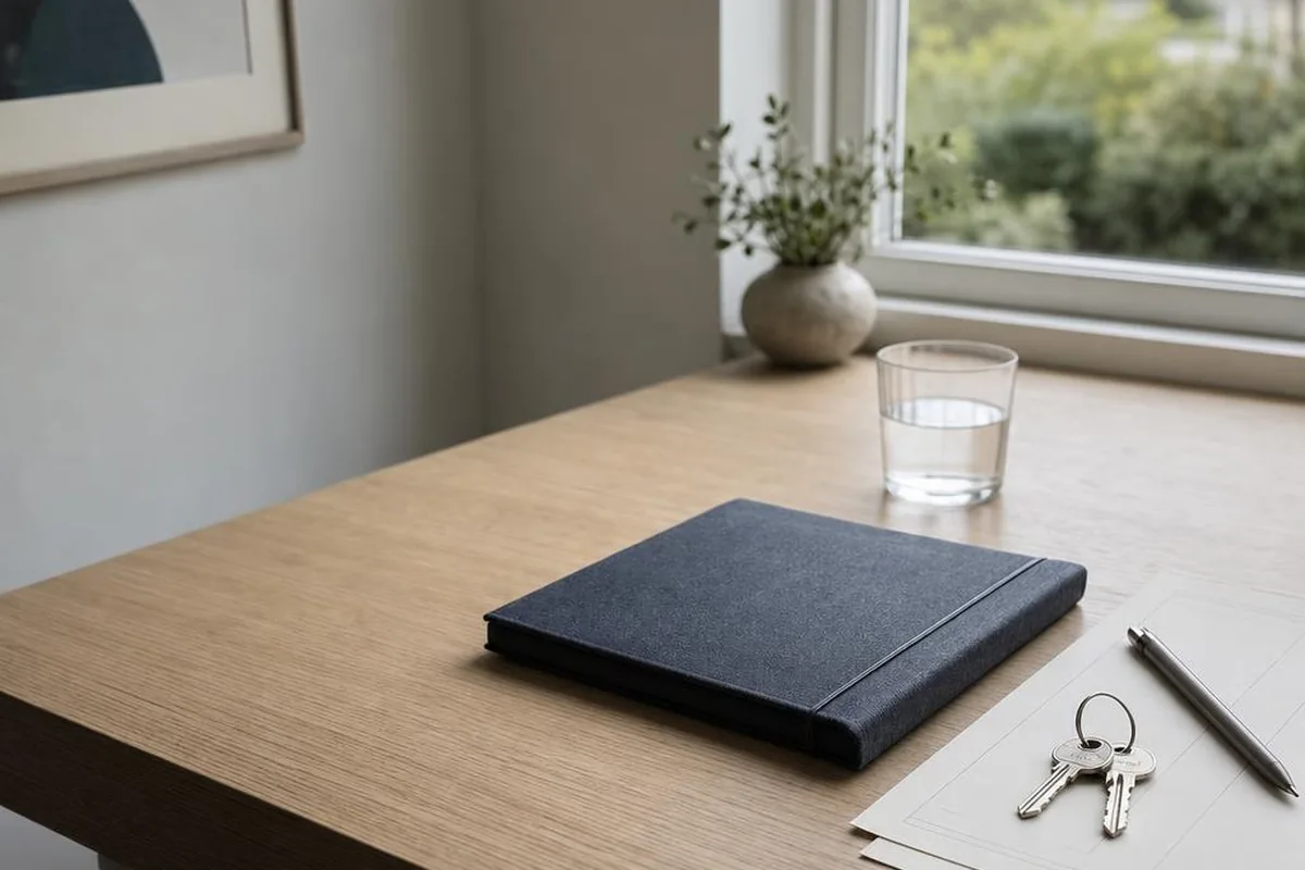 Illustrative resale document folio and house keys in a naturally lit home office